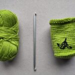 Von links nach rechts ein günes Wollknäul, eine Tunesische Häkelnadel mit einem Haken an jedem Ende und eine grüne, gehäkelte Mülltonne mit einer aufgestickten Bananenschale.