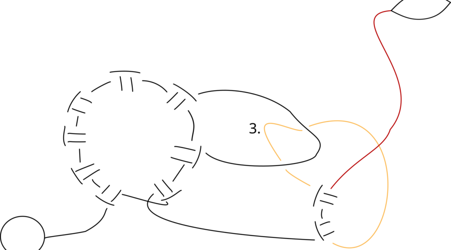 Schematische Darstellung zweier Occhiringe. Der innenfaden des einen Ringes, wurde durch ein Picot des anderen gezogen.