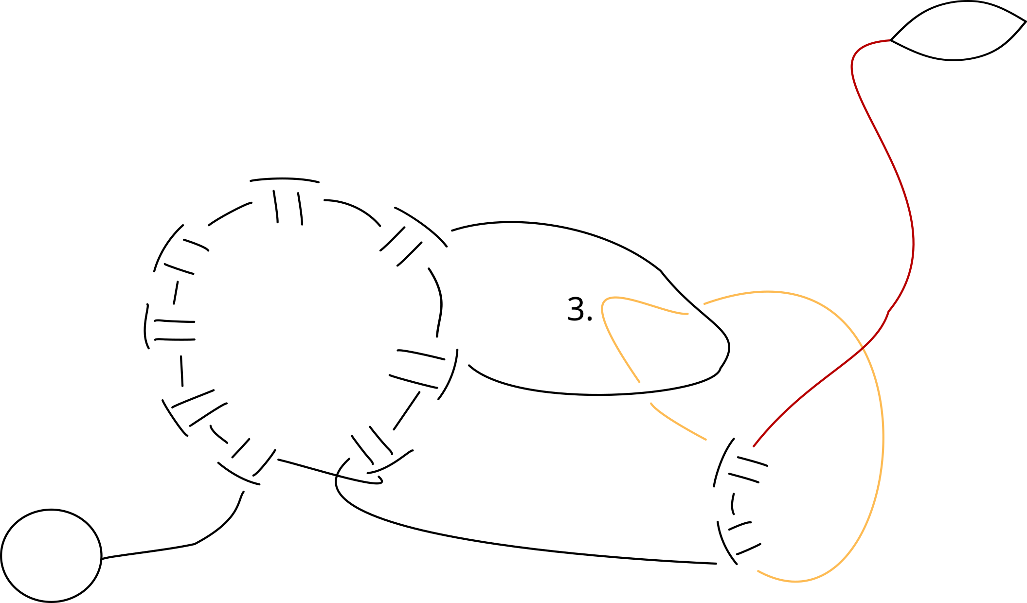 Schematische Darstellung zweier Occhiringe. Der innenfaden des einen Ringes, wurde durch ein Picot des anderen gezogen.