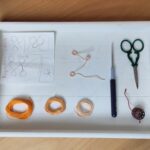 Ein weißes Tablett aus Holz mit verschiedenen Utensilien für Occhi ordentlich angeordnet